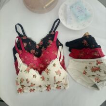 2024少女小胸聚拢内衣女复古刺绣玫瑰无钢圈调整型少女性感文胸罩