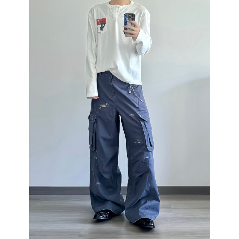 French Workwear Blue Washed Vintage Plaid Patchwork Cargo Pants 2026 Spring Loose Wide-Leg Baggy Splatter Heavy-Duty Long Pants French Workwear Blue Washed Vintage Plaid Patchwork Cargo Pants 2026 Spring Loose Wide-Leg Baggy Splatter Heavy-Duty Long Pants