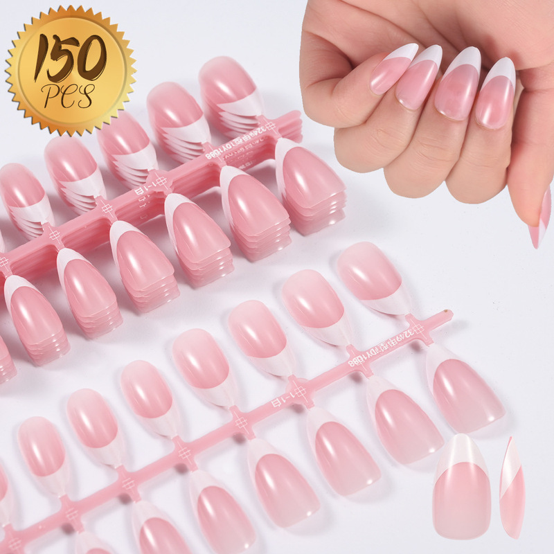 150 pieces of almond armor French white edge pink nude DIY bright surface nail art European and American popular simple wear nail