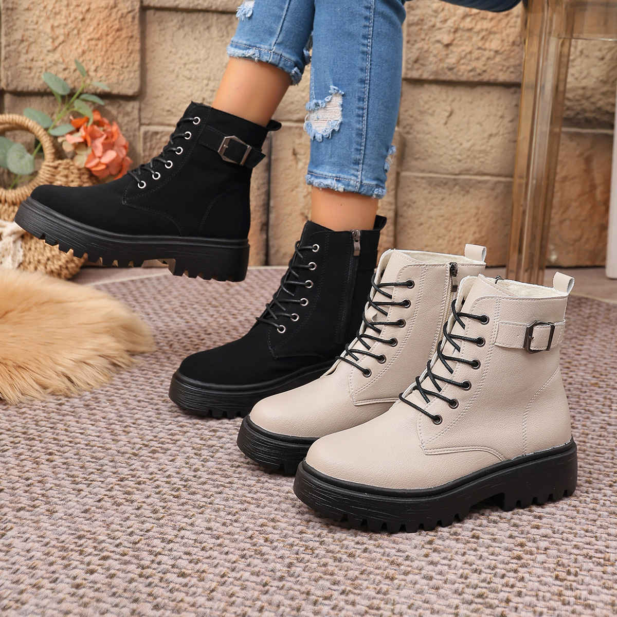 Women's Plus Size Round Toe Ankle Boots With Side Zipper Thick Soled Winter Martin Boots Belt Buckle New Style_voghion.com