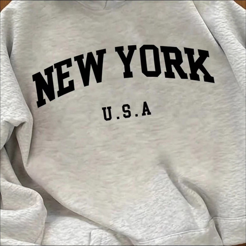 Vintage American Letter Print Medium-Sleeve Hooded Sweatshirt Coat Loose and Versatile Women's Autumn Top