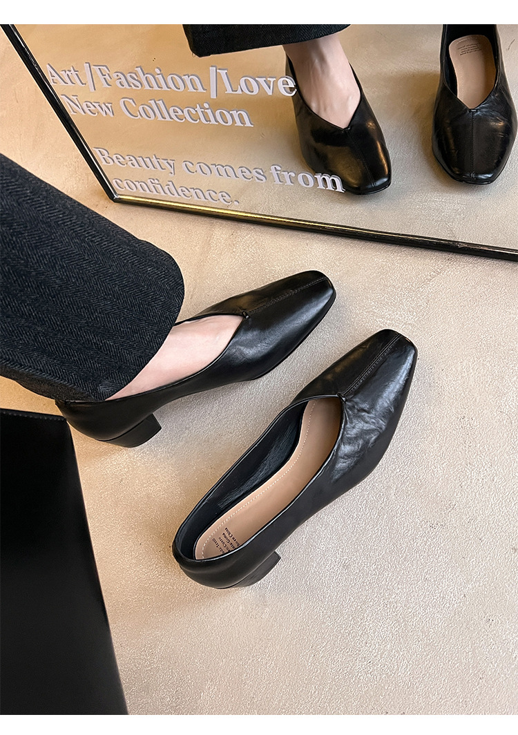 Giày nữ da bò gót vuông cổ V mũi nhọn, phong cách bà nội (granny shoes) đế thấp, đi làm hằng ngày — màu nâu chi tiết 2