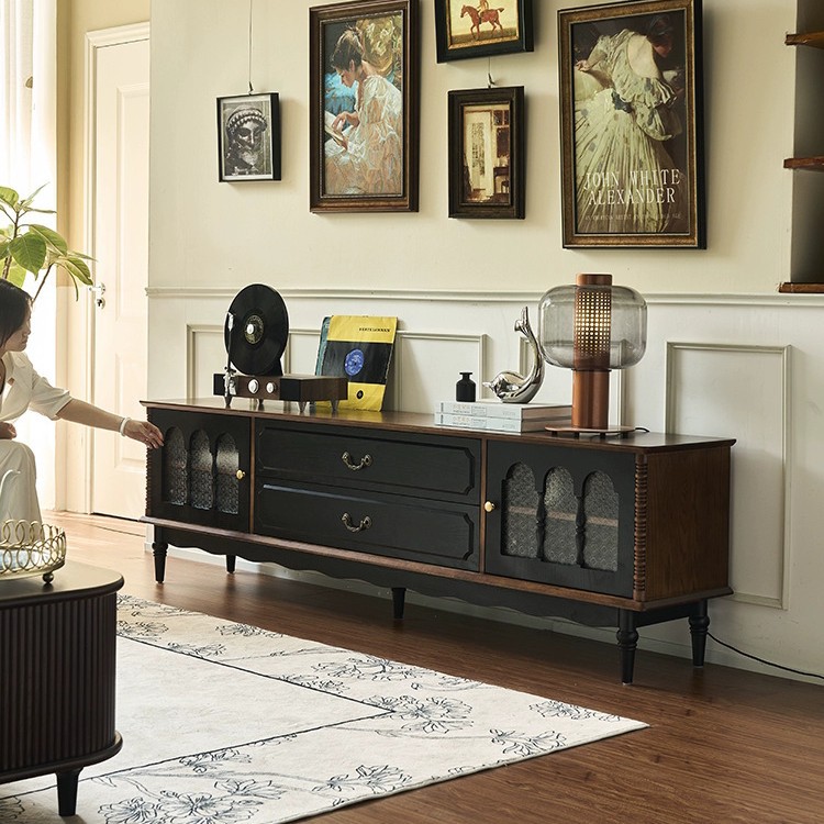 French Style Solid Wood TV Cabinet Home Living Room Wall Contrast Color TV Cabinet Coffee Table Combination Small Apartment Vintage Storage Cabinet