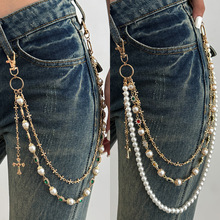 欧美跨境饰品 时尚创意彩色镶钻小花牛仔挂饰 高级感十字珍珠裤链