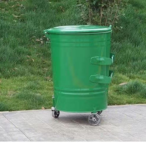 金属铁质环卫垃圾箱户外圆形240L果皮箱钢板物业挂车铁制大圆桶