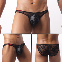 外贸GAY外贸男士低腰内裤情趣性感透气超弹柔蕾丝网纱三角裤E115