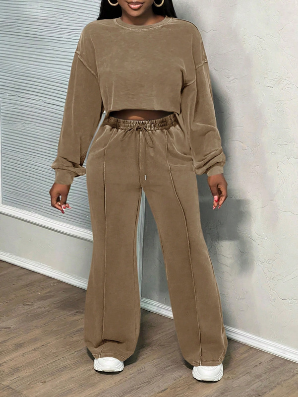 2025 春と秋の新アマゾンヨーロッパとアメリカの貿易婦人服ファッション長袖スポーツとレジャーウォッシュスウェットシャツスーツ|undefined