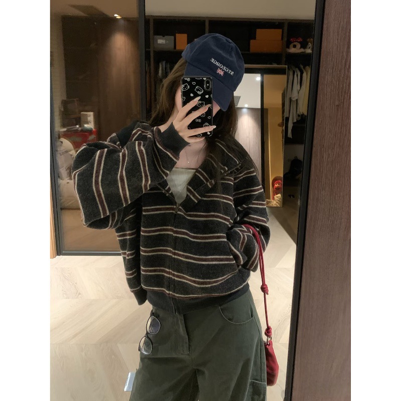 Daisy Bomb Lazy Casual Stripesd Hooded Loose Casual Sweatshirt Jacket Women's Autumn and Winter Long-Sleeved Top