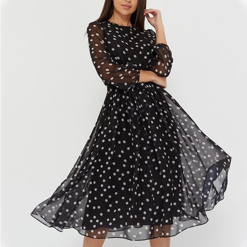 Chiffon Summer Dress with Long Sleeve, Coffee and Black Polka Dot Formal Gown