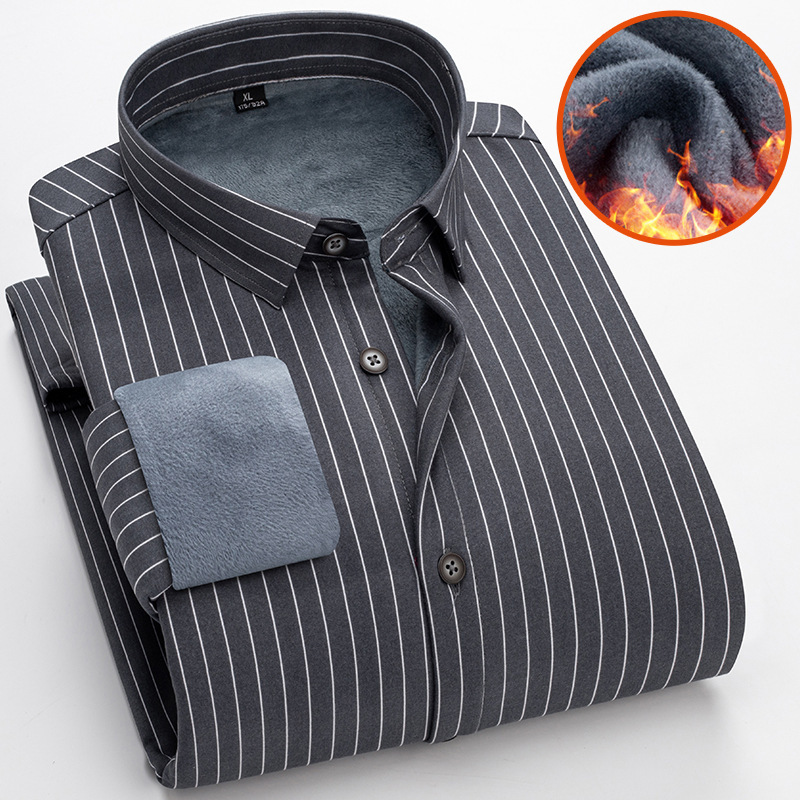 Autumn and Winter Warm Shirts for Men, Long-Sleeved, Middle-Aged, Velvet and Thickened Shirts, Men's Casual Dad Wear Striped Shirts Autumn and Winter Warm Shirts for Men, Long-Sleeved, Middle-Aged, Velvet and Thickened Shirts, Men's Casual Dad Wear Striped Shirts