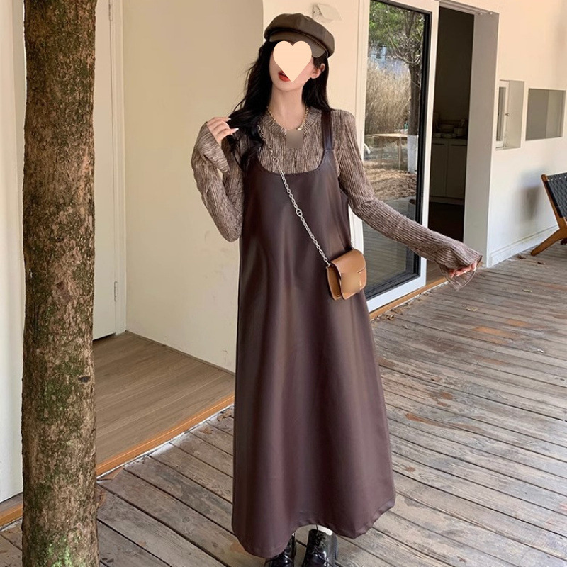 フレンチレザーサスペンダードレス秋の女性の2025新しいスタイルの小さなウエスト痩身気質サスペンダーロングスカート|undefined