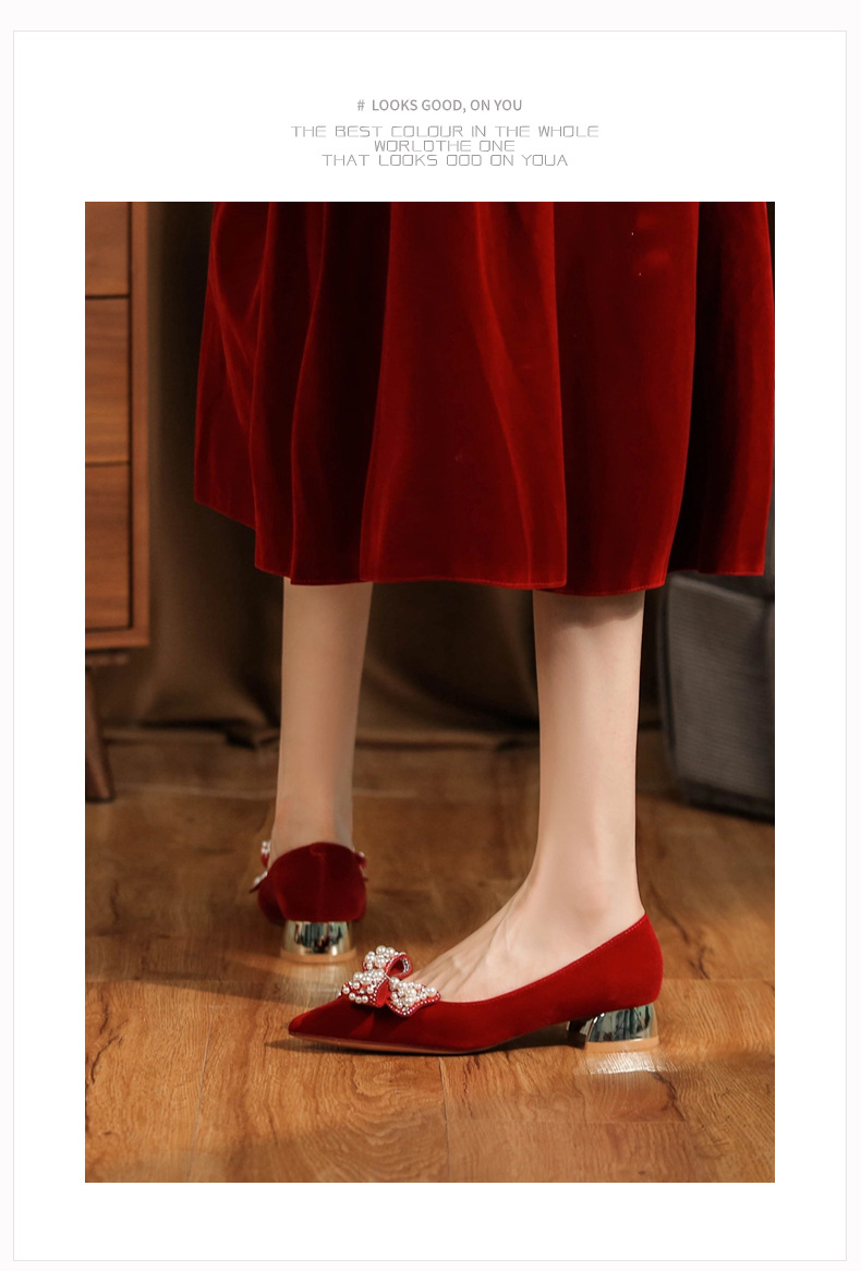 3333H-017 Chunky Heel Suède Rode Hoge Hakken Met Strik Voor Banket Bruiloft Comfortabele En Gemakkelijk Te Dragen Damesschoenen_voghion.com