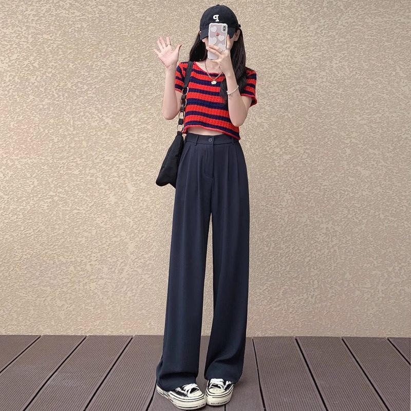 定制跨境垂感西装裤女夏季2025新款高腰显瘦宽窄休闲直筒冰丝阔腿|undefined
