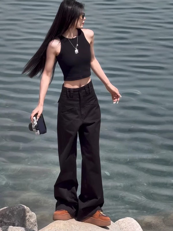 美式工装阔腿裤女大码胖mm宽松显瘦高腰窄版直筒西装裤子|undefined