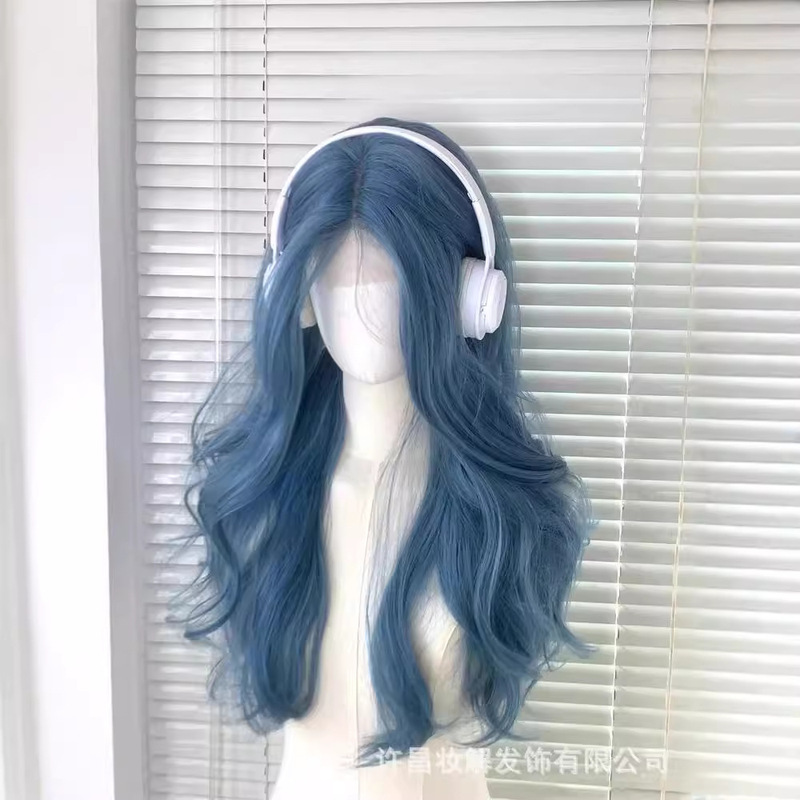[Letter from Spring] Wig Female Girl Feeling Mist Blue Long Curly Hair with Big Waves in Daily Wig Full Headgear
