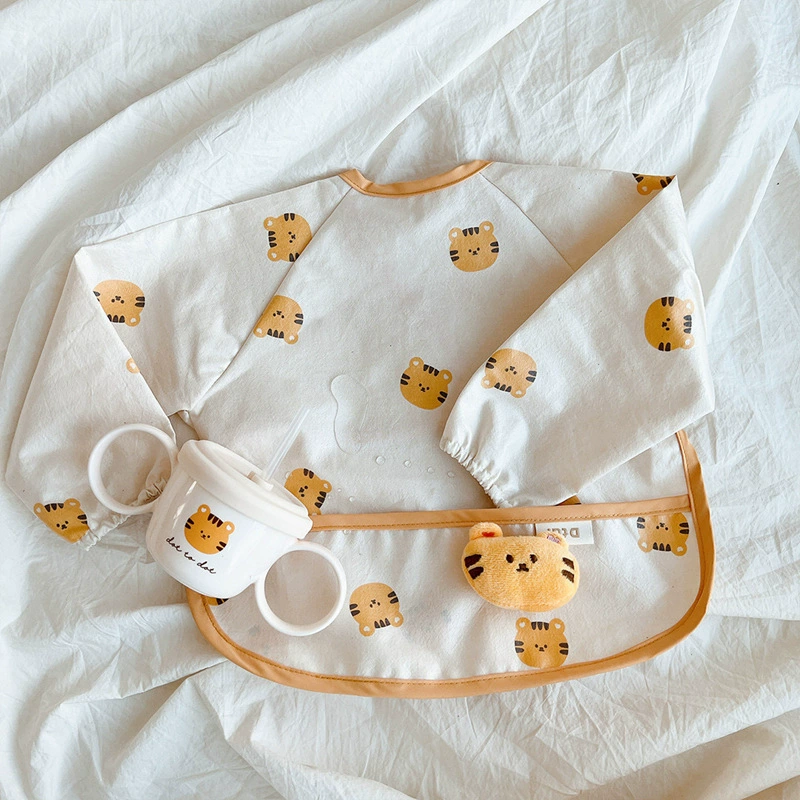 Brand bib, waterproof children's long-sleeve for food, Korean style, with pocket, with ties on the back