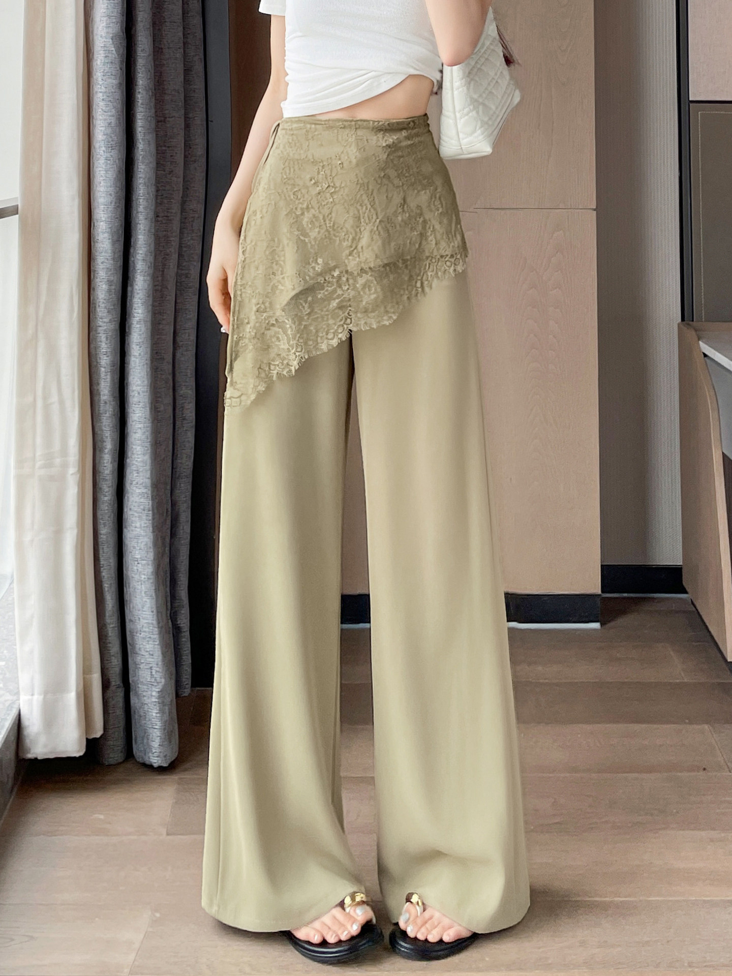 Quần culottes nữ ống rộng cạp cao ren eo phong cách Hàn Quốc — màu đen