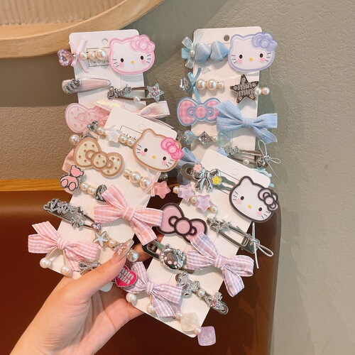 Children's hair clip cute cat side fringe hair clip fabric bow metal clip for girls versatile hair clip