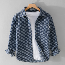 春秋季千鸟格牛仔百搭男装长袖衬衫休闲宽松男士痞帅青年衬衣9534