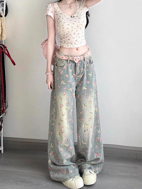 美式复古水洗花卉满印牛仔裤女夏季设计感高腰宽松显瘦直筒阔腿裤|undefined