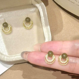 新中式古风翠绿珍珠圆形耳钉小众高级感文艺风优雅旗袍轻奢耳饰品