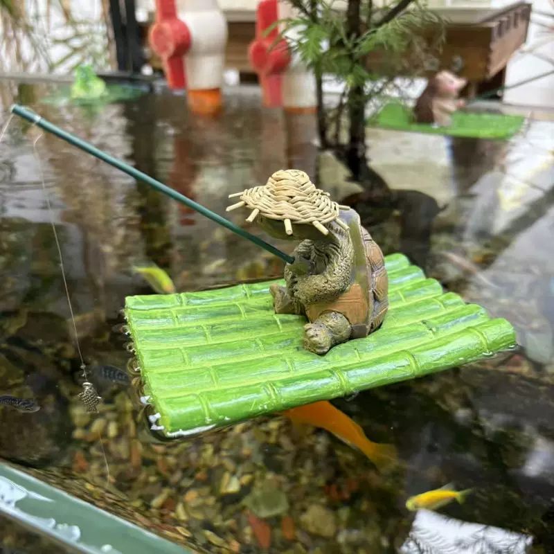创意竹排草帽乌龟钓鱼摆件庭院假山流水盆景鱼缸水族箱造景小摆件