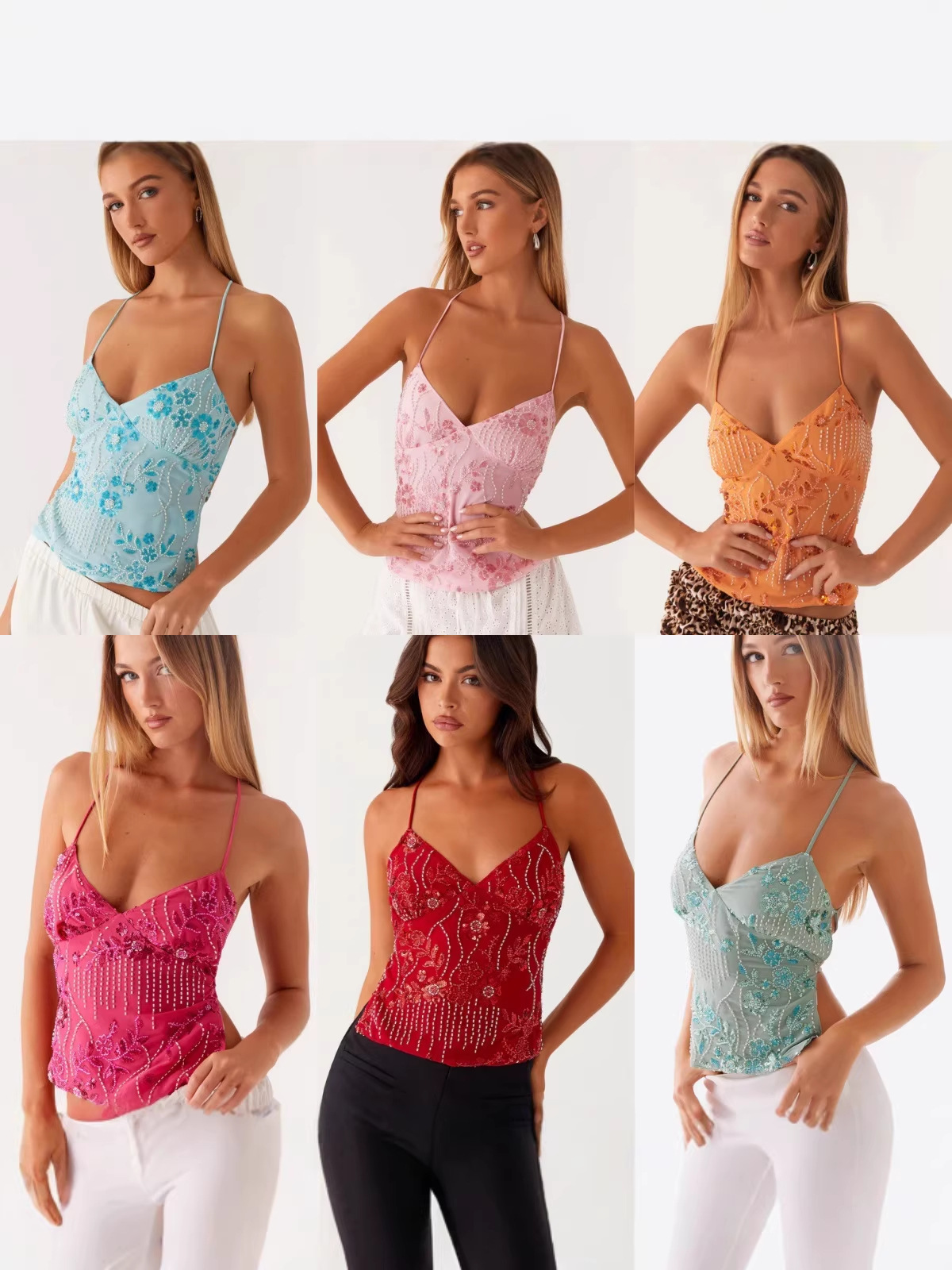 2025 New Amazon Summer Cross-border European and American Women's Bright Embroidered Slim-fit Vest Sexy Spice Sling Top