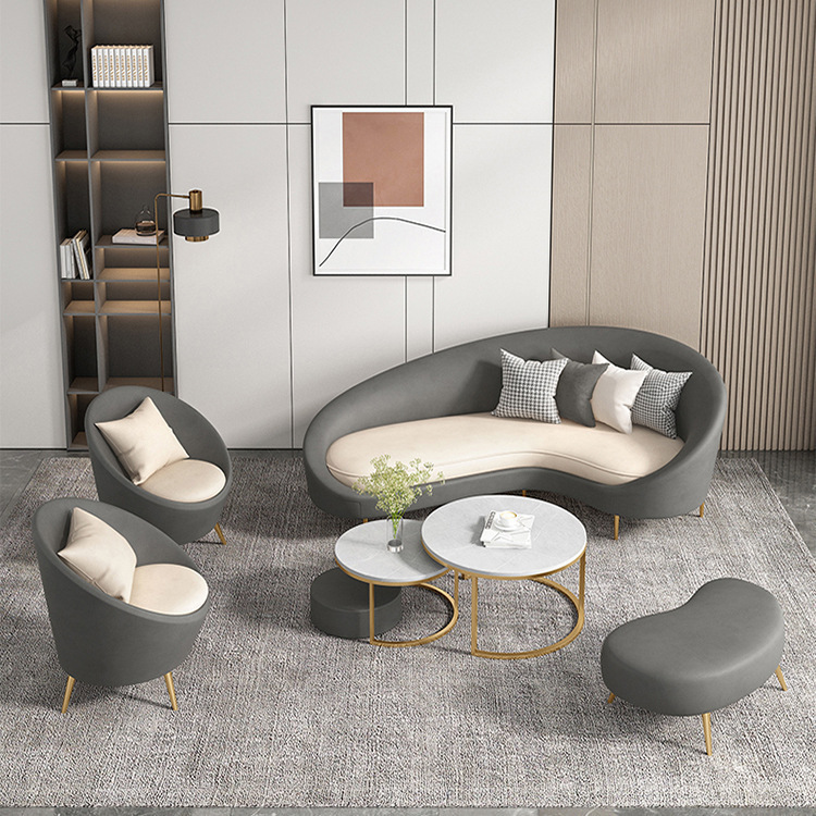 Modern Light Luxury Moon-Shaped Curved Sofa, Nordic Style, Beauty Salon and Clothing Store Meeting and Reception Sofa and Coffee Table Set
