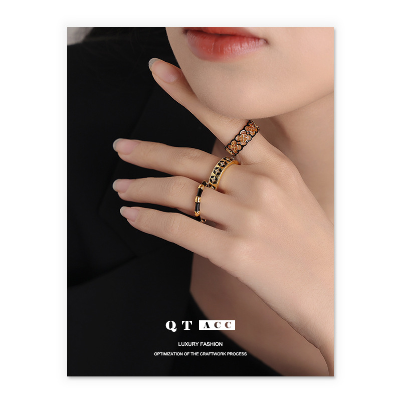 Moda retro europea y americana de latón galvanizado oro real de alta calidad gota de aceite anillo abierto diseño personalizado anillo negro para las mujeres