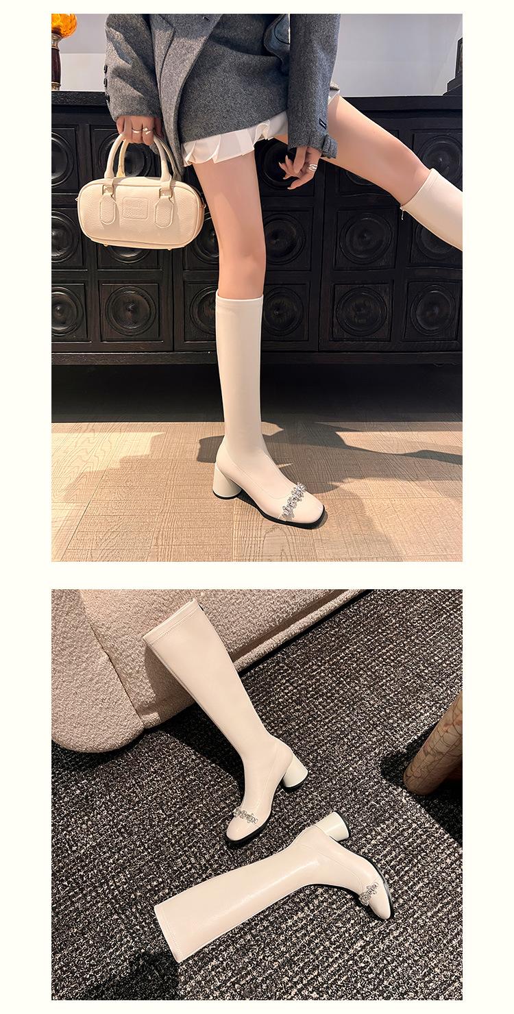 Boot nữ cổ cao ôm bắp chân phong cách vải tuýt, gót thô 5 cm, đế dày, mũi tròn — nhung đen, Lớp lót đơn màu trắng nhạt, Lớp lót đơn màu đen, Lớp lót nhung màu trắng nhạt chi tiết 16