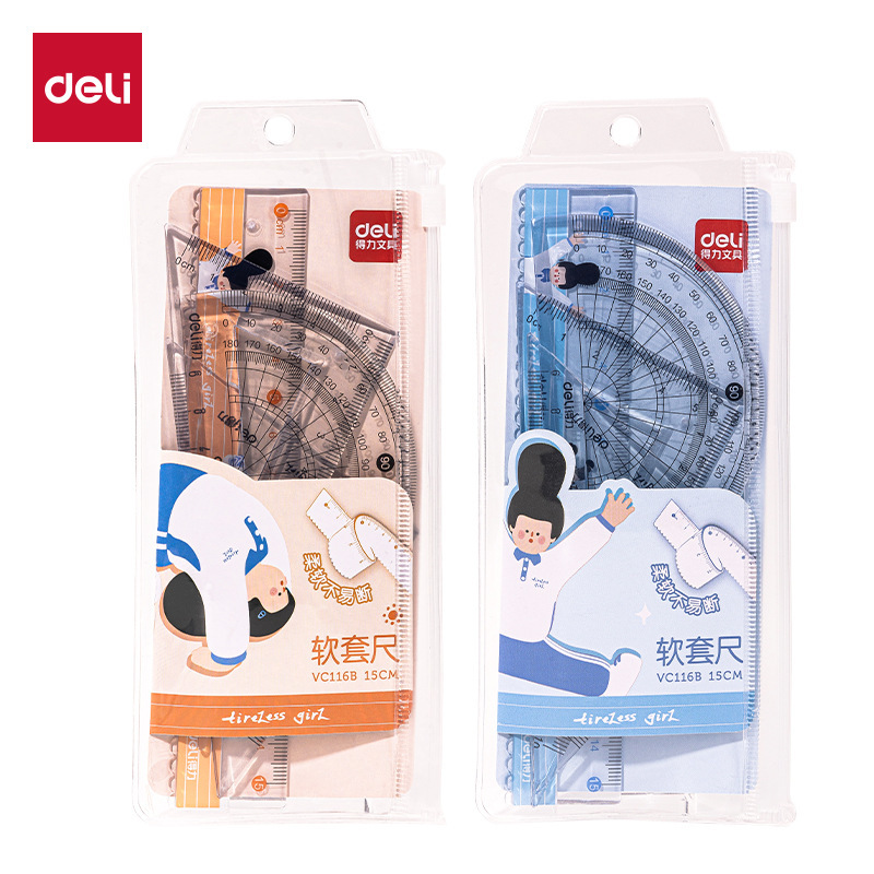 Deli 15cm Triangle Ruler Set Drawing 20cm Ruler Set 4-Piece Set Student Straight Ruler Soft Ruler Transparent Ruler