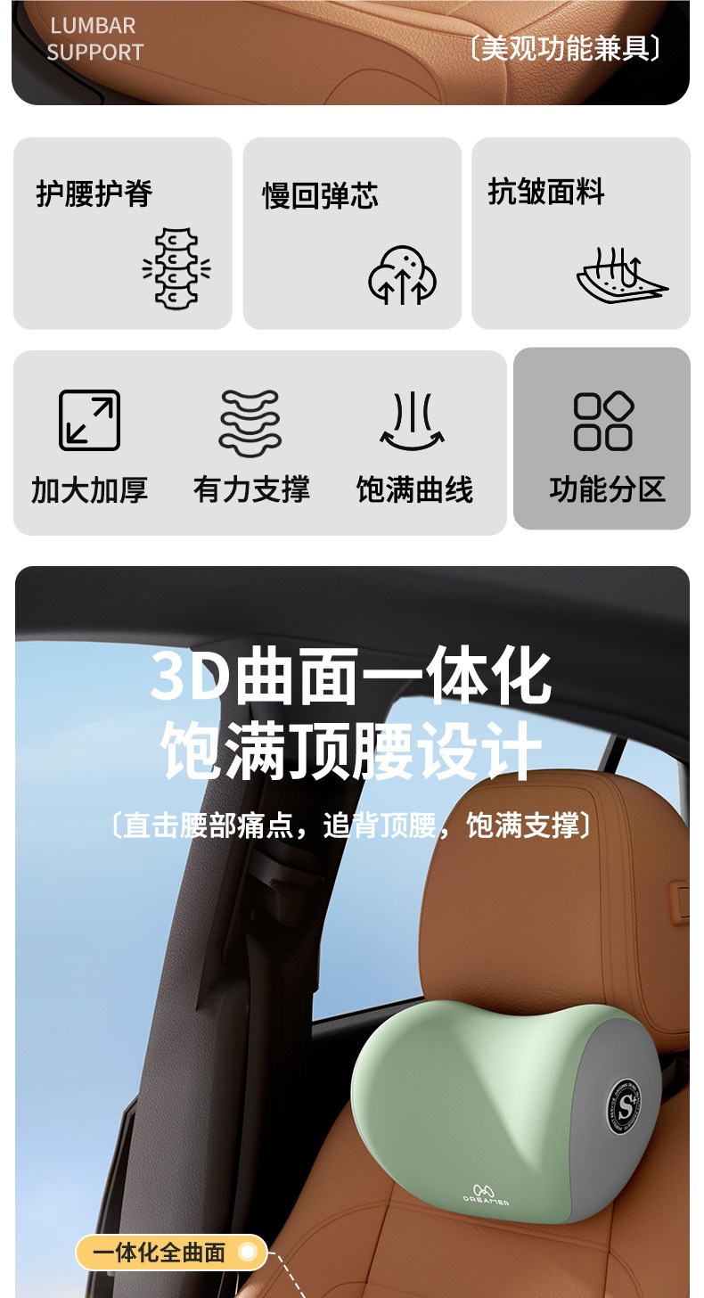 Zhimengren Car Headrest and Lumbar Support Set Car Seat Back Cushion In-Car Lumbar Pad Neck and Waist Support Set