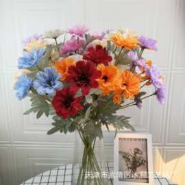 厂家批发仿真6头百日菊 菊花家居婚庆仿真花插花路引地排装饰花