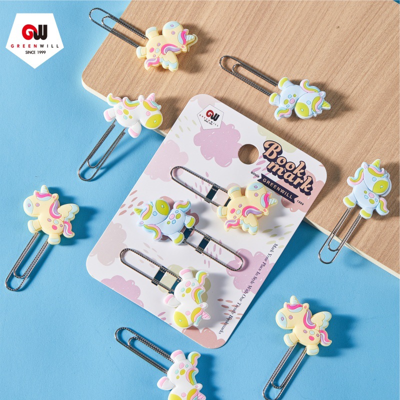 Unicornio de dibujos animados clips marcadores de libros de estudiantes carpeta de páginas adorable suministros de oficina pequeños regalos escolares pegamento suave