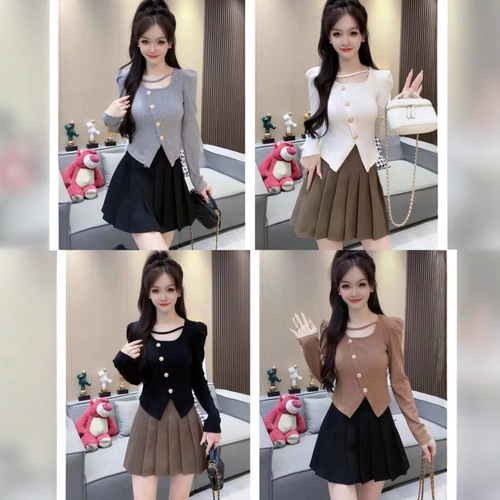 Age-reducing chic hot girl square collar irregular short top for women autumn bubble sleeves knitted inner and outer base shirt