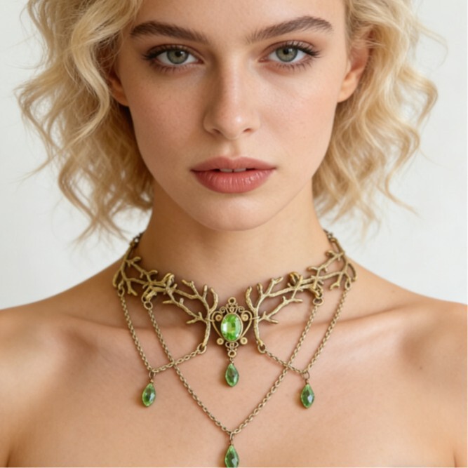 European and American Gothic Witchcraft Moon Necklace Pagan Branch Water Drop Gemstone Tassel Pendant Necklace Wizard Necklace