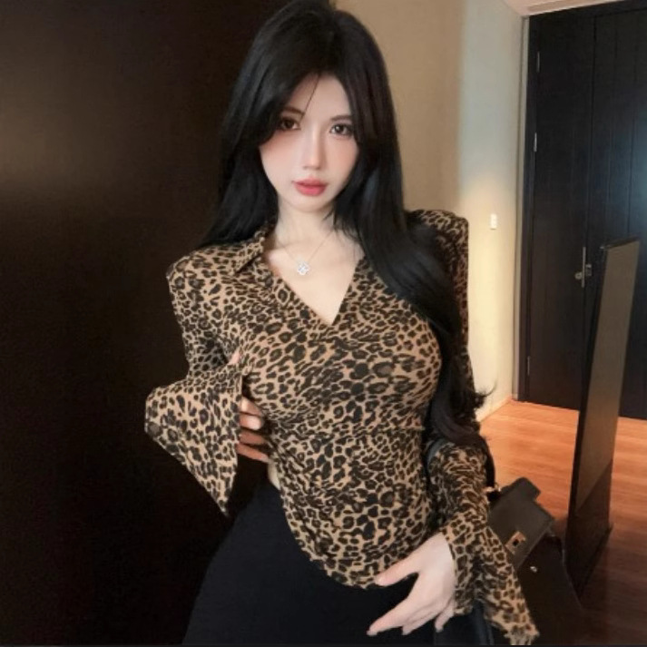 Ins Pure Desire Sexy Leopard Print Polo Collar Long-Sleeved Top for Women Spring & Fall Sexy Nightclub Tight Bottoming Shirt Women's T-Shirt Trendy Ins Pure Desire Sexy Leopard Print Polo Collar Long-Sleeved Top for Women Spring & Fall Sexy Nightclub Tight Bottoming Shirt Women's T-Shirt Trendy