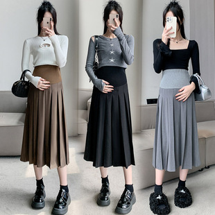 Real Shot Pregnant Women's Suit Pleated Skirt Slim Skirt Women's Spring and Autumn New Mid-length Woolen High Waist A- line Skirt