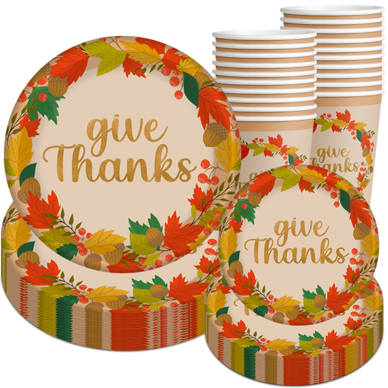 Thanksgiving Party Maple Leaf Pumpkin Disposable Paper Cup Plate Knife, Fork and Spoon Tableware Party Supplies Custom Wholesale
