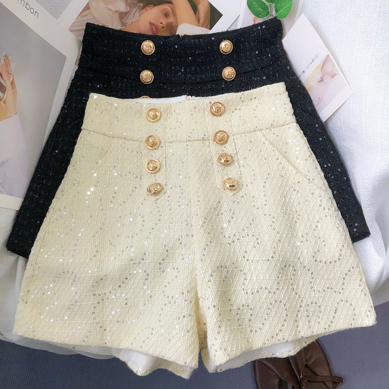 Cross-Border Tweed Versatile Double-Breasted Sequin High-Waisted Slimming Wide-Leg Shorts for Women 2022 Autumn and Winter New