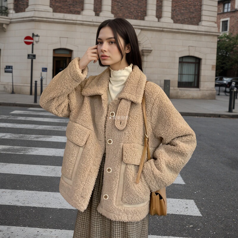 European and American style commuter fashion, single-breasted, quick-drying, warm faux shearling long-sleeve coat for women, suitable for autumn and winter