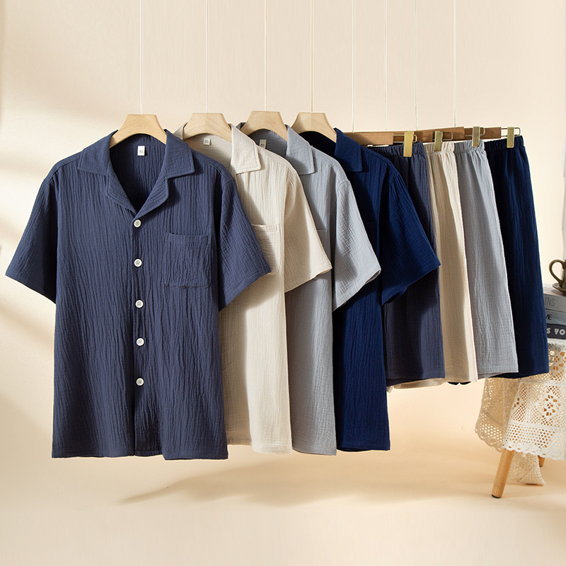 New Washed Cotton Couple Short-Sleeved Shorts Solid Color Pajamas Men's Cardigan Short-Sleeved Comfortable Simple Home Wear Set