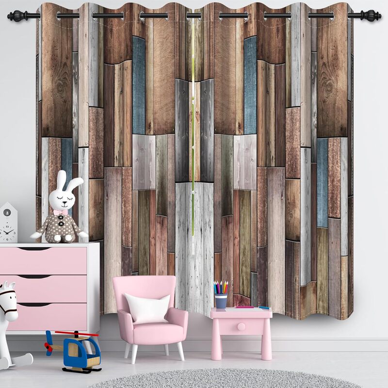 2 Pieces of Vintage Country-Style Wood Grain Window Curtains, Suitable for Living Room and Bedroom, Wooden Floor Curtains, Eyelet Thermal Insulation Type 2 Pieces of Vintage Country-Style Wood Grain Window Curtains, Suitable for Living Room and Bedroom, Wooden Floor Curtains, Eyelet Thermal Insulation Type
