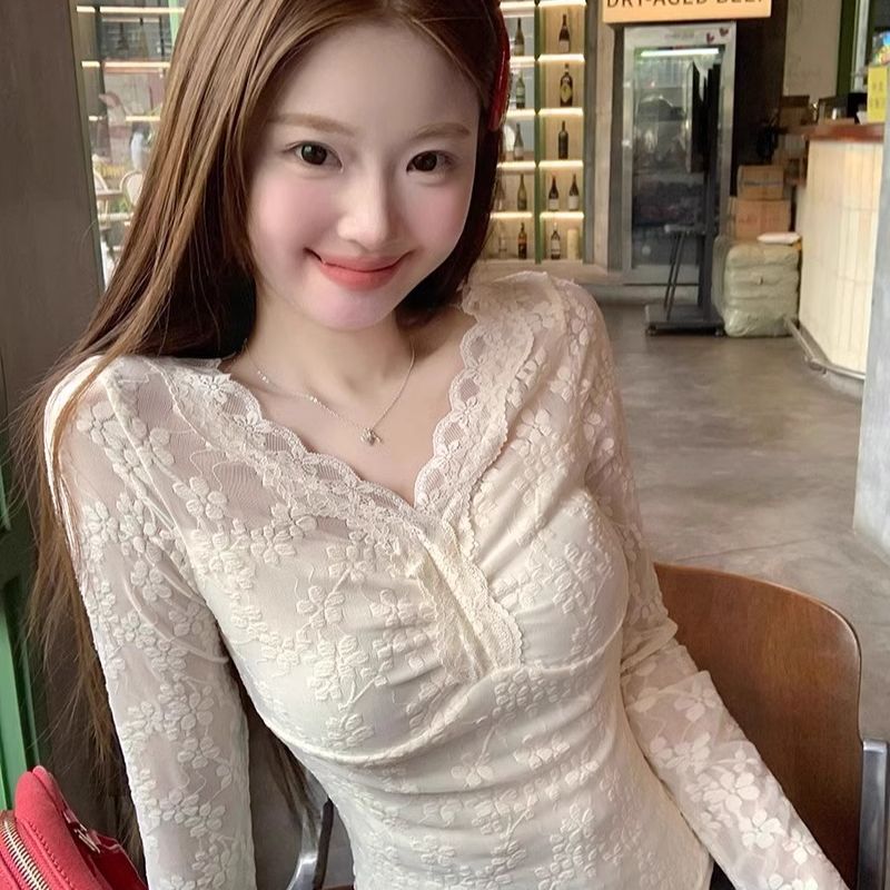 Purely Sensual Hot Girl Sexy V-Neck Top for Women, Autumn and Winter, Chanel-Style Apricot Lace Base Shirt, Inner Wear for Sexy Hot Girls Purely Sensual Hot Girl Sexy V-Neck Top for Women, Autumn and Winter, Chanel-Style Apricot Lace Base Shirt, Inner Wear for Sexy Hot Girls