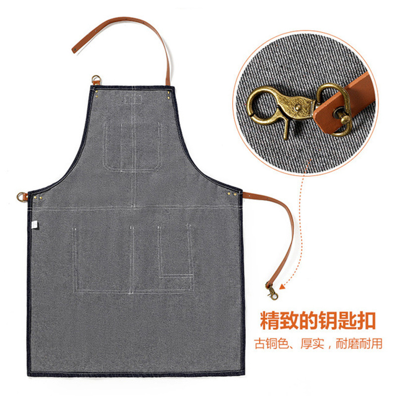 Comercio exterior Denim delantal moda coreana logotipo personalizado restaurante leche té cafetería delantal de trabajo al por mayor personalizado