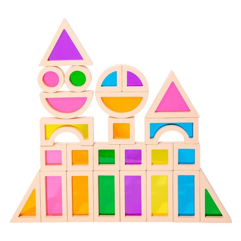 Bloques de construcción de arco iris de madera para niños bloques de construcción transparentes de acrílico ensamblando Juguetes Educativos de Educación Temprana de construcción creativa para bebés