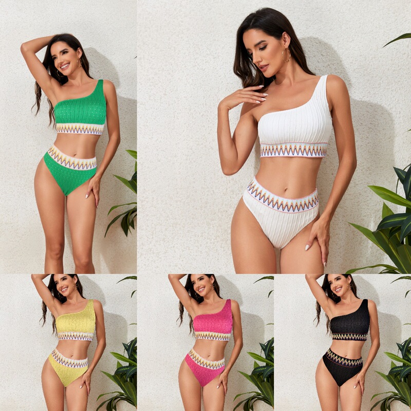 One-shoulder 2024 New European and American Bikini Swimsuit Amazon Floral Split Shein Swimsuit Women