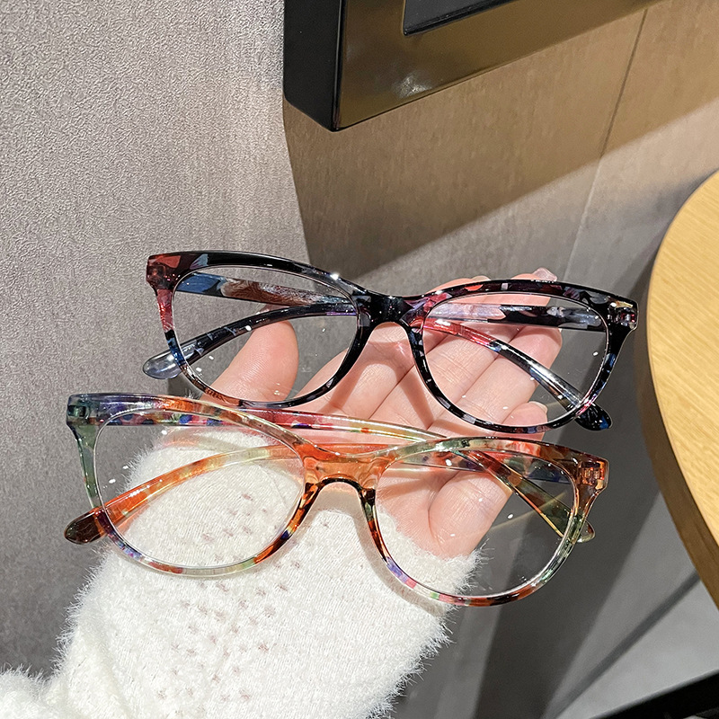 外贸新款元气猫眼平光镜夏季多巴胺装饰防蓝光眼镜时尚包花眼镜架