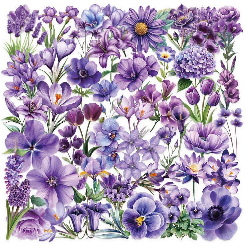 50 Sheets Transparent Cartoon Purple Flower Sticker Pack Waterproof Transparent PET Hand Account Material Decorative Guitar Notebook