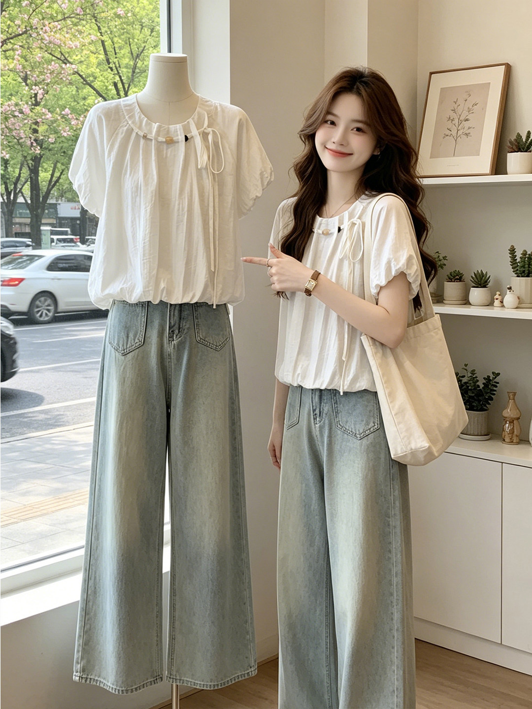 Áo thun nữ tay ngắn cổ tròn chất liệu chiffon phối cườm tay bồng — màu xanh nhạt
